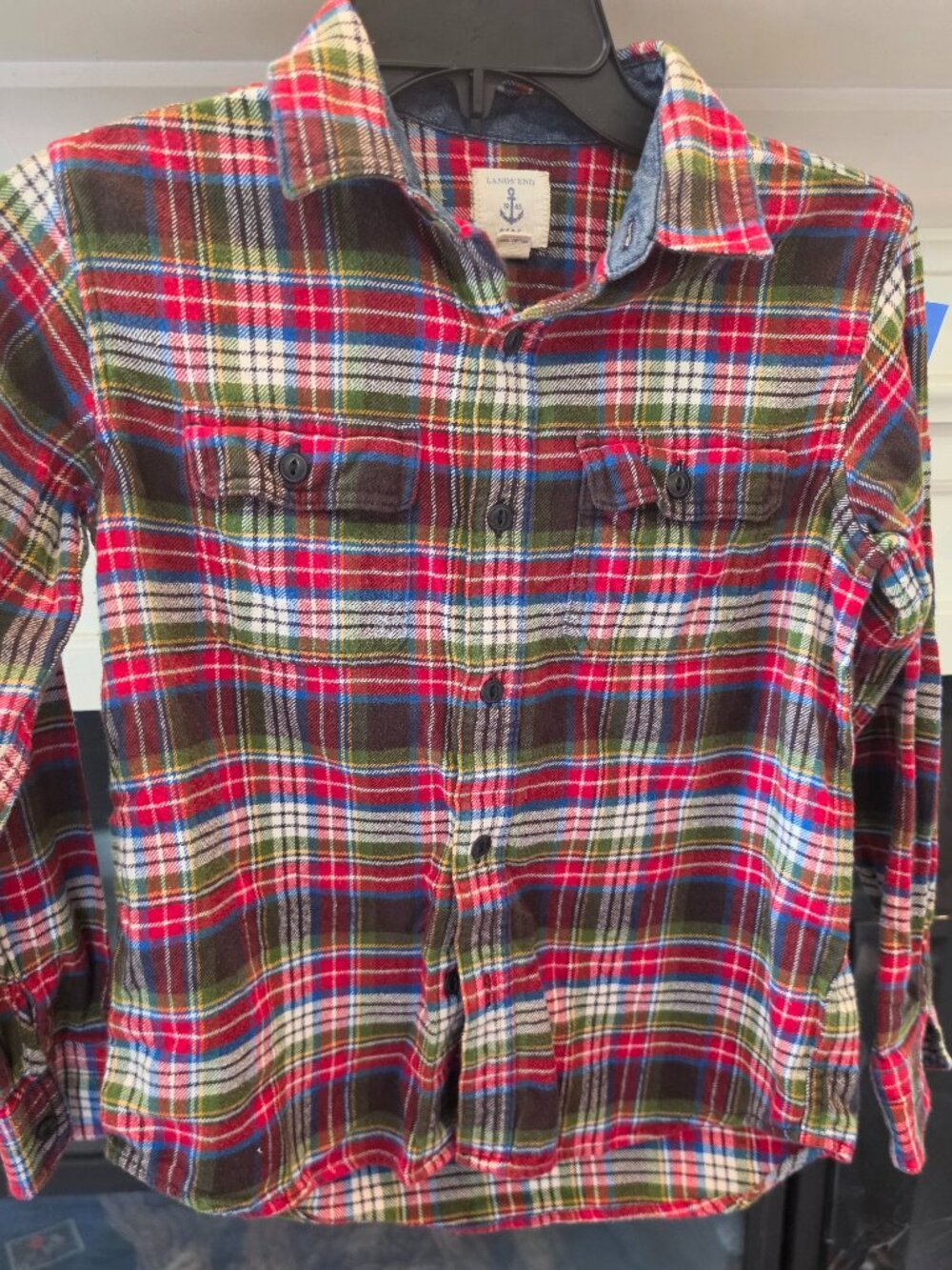 Lands End Boys Size Medium 10-12 Red Plaid Long Sleeve Button Up Shirt